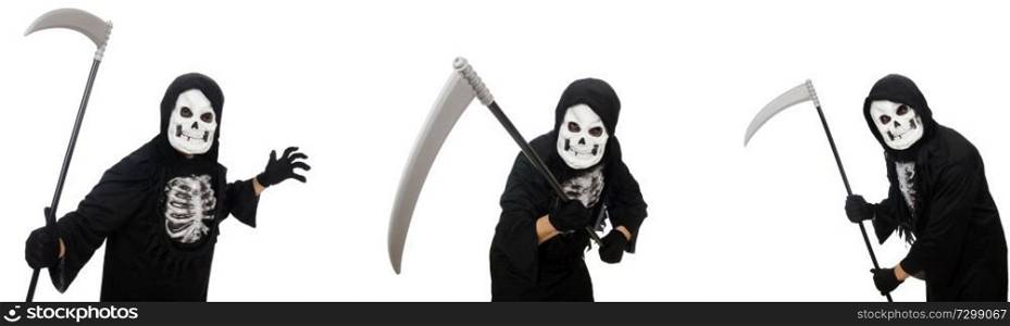 Scary monster with scythe isolated on white 