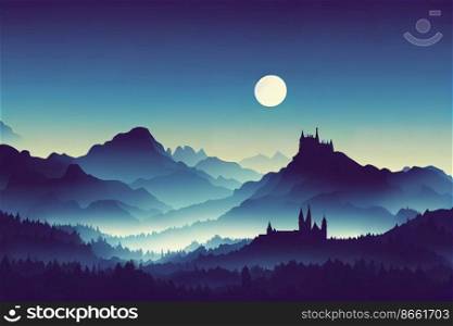 Scary mountains with fog at night Halloween themed 3d illustrated