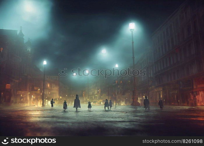 Scary night street scene with people silhouettes or ghosts. Neural network generated art. Digitally generated image. Copy space. Scary night street scene with ghosts. Ai generated art