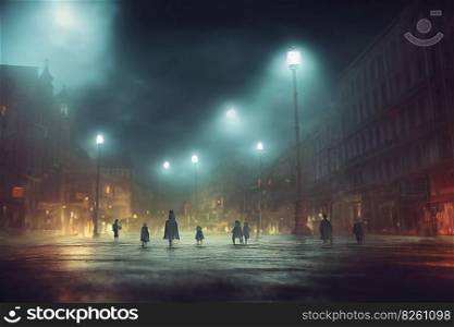 Scary night street scene with people silhouettes or ghosts. Neural network generated art. Digitally generated image. Copy space. Scary night street scene with ghosts. Ai generated art