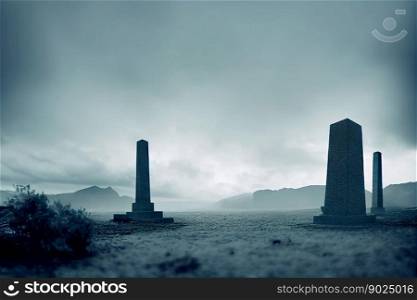 Scary obelisk at post apocalyptic future, Windy desert with monoliths