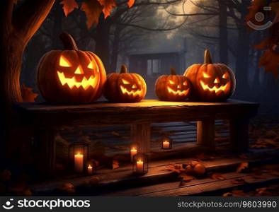 Scary pumpkins on spooky halloween night in dark park on bench.AI Generative