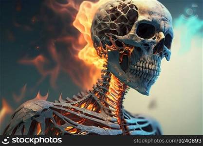 Scary skeleton on fire. Neural network AI generated art. Scary skeleton on fire. Neural network AI generated