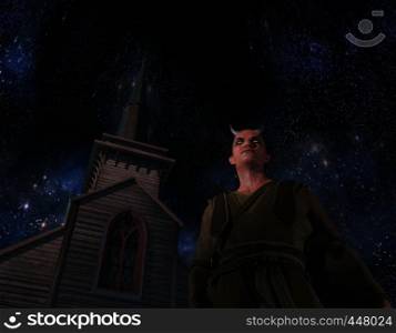 Scary view of Devil in front of a church at night, Horror Halloween concept - 3d rendering. Scary view of Devil in front of a church at night, Horror Halloween concept