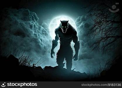 scary werewolf prowling in the dark, with moonlight shining down on its fur, created with generative ai. scary werewolf prowling in the dark, with moonlight shining down on its fur