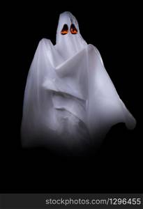 Scary white ghost at fire flame eye on a black background for Halloween concept