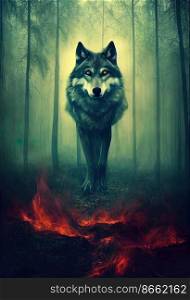 Scary wolf comes out of foggy forest 3d illustrated
