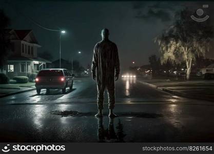 Scary zombie on the road of the night city. Neural network AI generated art. Scary zombie on the road of the night city. Neural network AI generated
