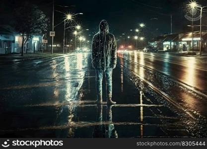 Scary zombie on the road of the night city. Neural network AI generated art. Scary zombie on the road of the night city. Neural network AI generated