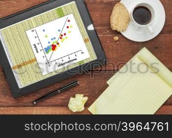 scatter graph of model and observation data with a worksheet on a digital tablet - science research and analysis concept