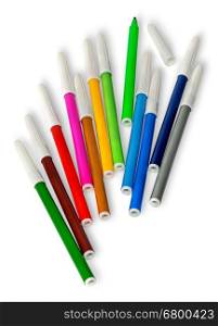 Scattered colored felt tip pens isolated on white background