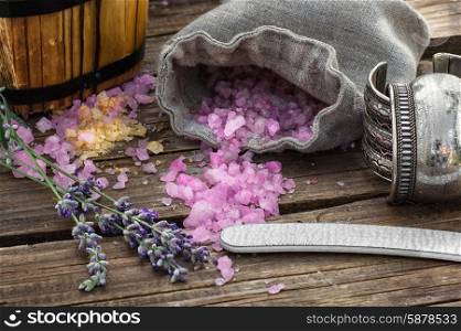 scattered, sea salt Spa treatment on wooden background