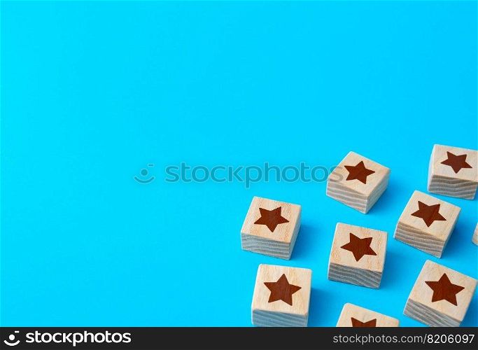 Scattered star blocks on a blue background. Feedback. Inspection, review. Benefits, positive things. New features. Ratings and reviews. Parties and celebrate events.