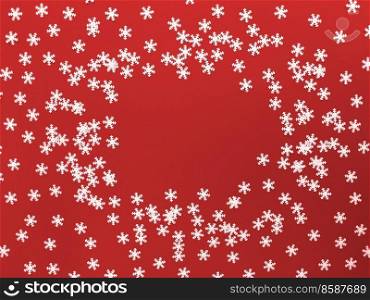 Scattered white snowflakes on red background. Simple flat lay with copy space. Stock photography.. Scattered white snowflakes on red background. Simple flat lay with copy space. Stock photo.