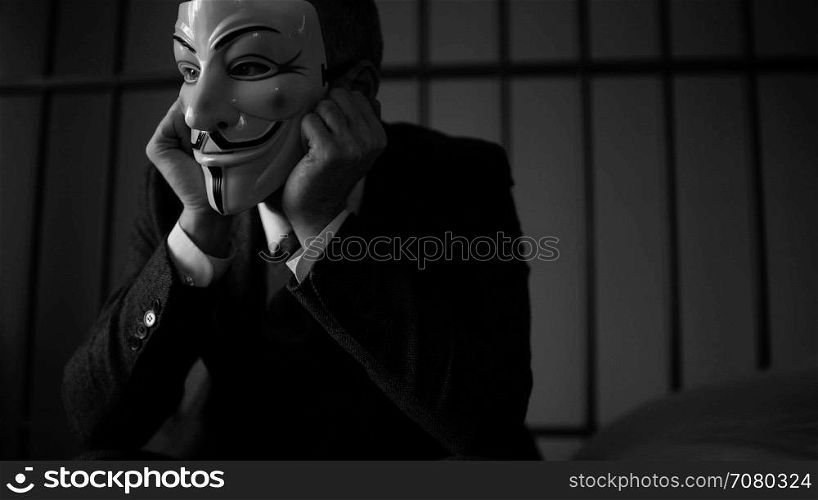 Scene of Anonymous hacker prisoner (B/W Version)