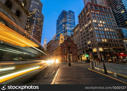 Scene of Boston Old State House buiding at twilight time in Massachusetts USA, Architecture and building with tourist concept