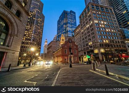 Scene of Boston Old State House buiding at twilight time in Massachusetts USA, Architecture and building with tourist concept