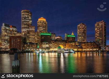 Scene of Boston skyline from Fan Pier at the fantastic twilight time with smooth water river, Massachusetts, USA downtown skyline, Architecture and building with tourist concept