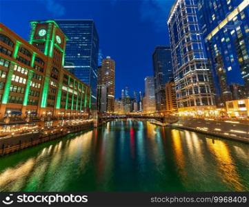 Scene of Chicago riverwalk cityscape at the twilight time, USA downtown skyline, illinois, United state of america, Architecture and building,travel with tourist concept
