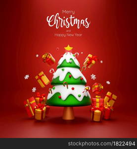 Scene of Christmas tree and gift box on red background, 3d illustration