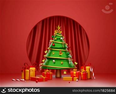 Scene of Christmas tree and gift box with red curtain background