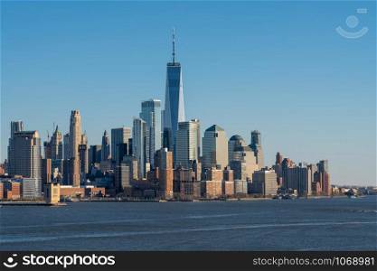 Scene of New york cityscape river side which location is lower manhattan which can see One world trade conter, USA, Taking from New Jersey