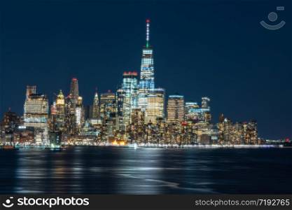 Scene of New york cityscape river side which location is lower manhattan which can see One world trade center at twilight time,USA,Taking from New Jersey,Architecture and building with tourist concept