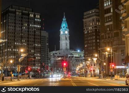 Scene of Philadelphia cityscape river side at the night time, USA downtown skyline, Architecture and building with tourist concept
