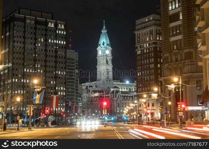 Scene of Philadelphia cityscape river side at the night time, USA downtown skyline, Architecture and building with tourist concept