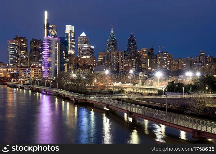 Scene of Philadelphia cityscape river side at the twilight time, USA downtown skyline,pennsylvania, United state of america, Architecture and building,travel with tourist concept