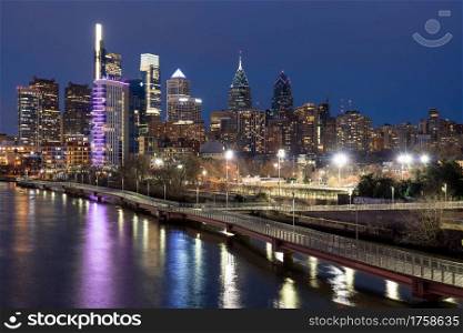 Scene of Philadelphia cityscape river side at the twilight time, USA downtown skyline,pennsylvania, United state of america, Architecture and building,travel with tourist concept