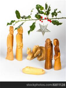 Scene of the Christmas crib, made of wood, isolated