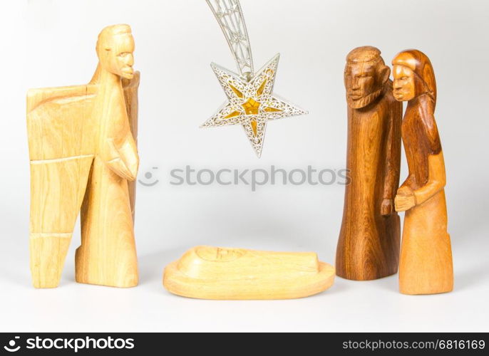 Scene of the Christmas crib, made of wood, isolated