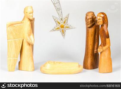 Scene of the Christmas crib, made of wood, isolated