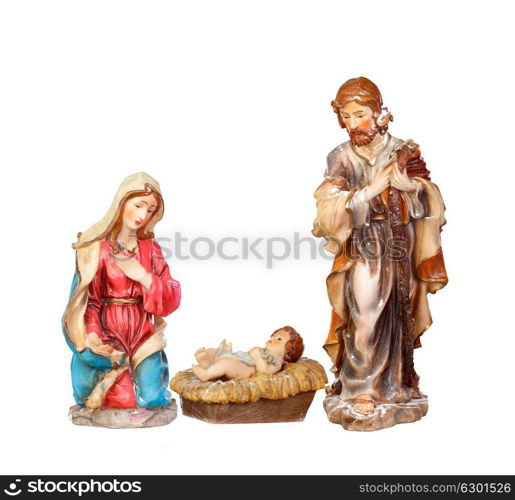 Scene of the nativity: Mary, Joseph and the Baby Jesus isolated on a white background