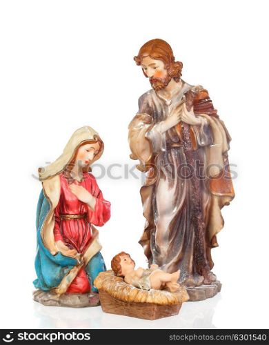 Scene of the nativity: Mary, Joseph and the Baby Jesus isolated on a white background