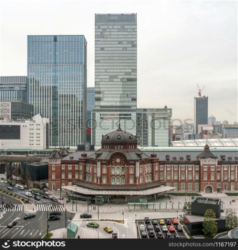 Scene of Tokyo railway station from terrace at afternoon time, architecture, landmark and transportation concept