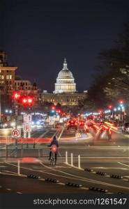 Scene of United States Capitol Building at twilight time, Washington, DC, United States of America or USA, history and culture for travel concept