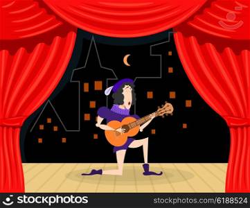 Scene performance with singer serenades. Cartoon theater, an actor with a guitar. The scene serenade. Stock vector