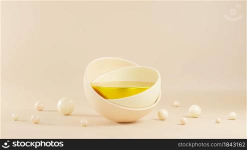 Scene podium stand minimal, Half circle cup pedestal for platform stand product display presentation on eggshell color pastel background, Empty showcase, Abstract background 3D rendering illustration