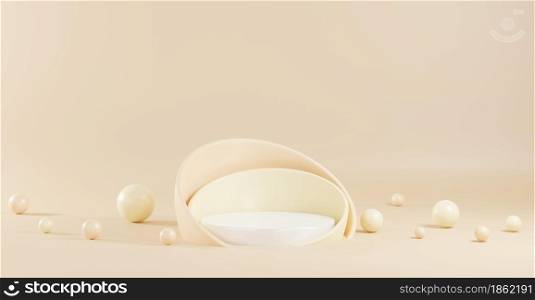 Scene podium stand minimal, Half circle cup pedestal for platform stand product display presentation on eggshell color pastel background, Empty showcase, Abstract background 3D rendering illustration