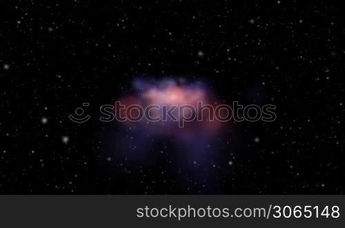 scene shows a space flight, in the centre a spiral nebula turns, Szene zeigt einen Weltraum-Flug in Richtung eines Spiral-Nebels