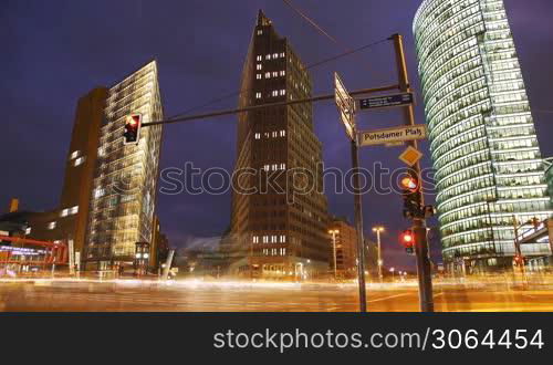 "Scene shows the Potsdamer Platz in Berlin, Germany, centre of the "New Berlin" area in the eastern part of the city after sunset, time lapse. Die Szene zeigt den Postdamer Platz in Berlin kurz nach Sonnenuntergang im Zeitraffer."