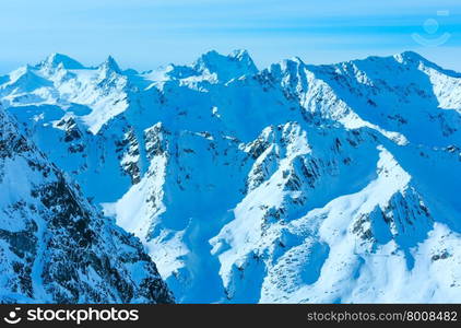 Scenery from the cabin ski lift at the snowy slopes (Tyrol, Austria).