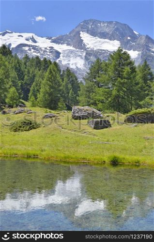 scenery landscape in alpine mountain with a lake and reflection in water . scenery landscape in alpine mountain with a lake and reflection in water