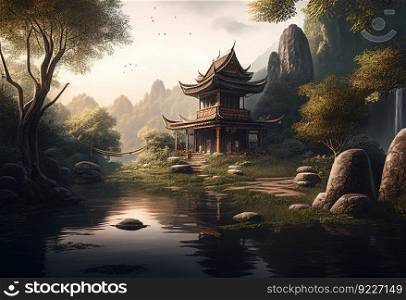 Scenery of asian temple near river at deep nature illustration. AI generative. 