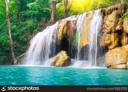 Scenery of Erawan waterfall in Thailand.