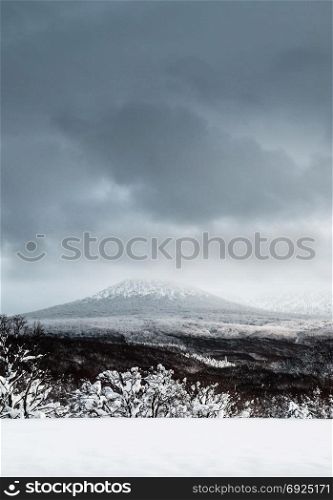 Scenery of Mount Hakkoda in winter covered with white snow in Aomori prefecture, Tohoku region, Japan