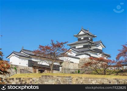 Scenery of the Shirakawa Komine castle, Japan. Castle was founded in 1340, rebuilt in 1627, destroyed in war of 1868 and reconstructed in 1991