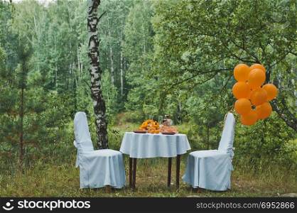 Scenery with a tea little table in a wood thicket.. Table in the wood 1965.